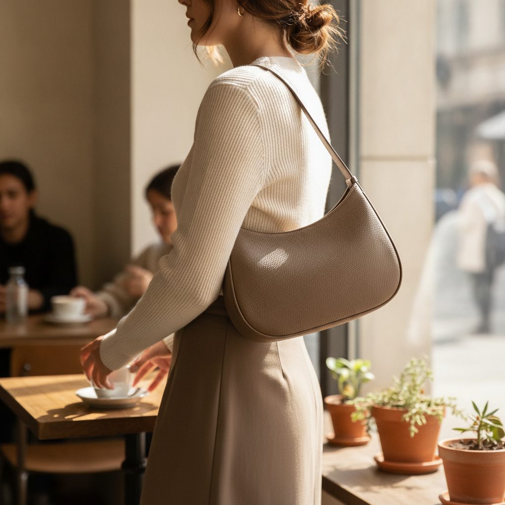 Taupe shoulder bag worn in a sunlit café