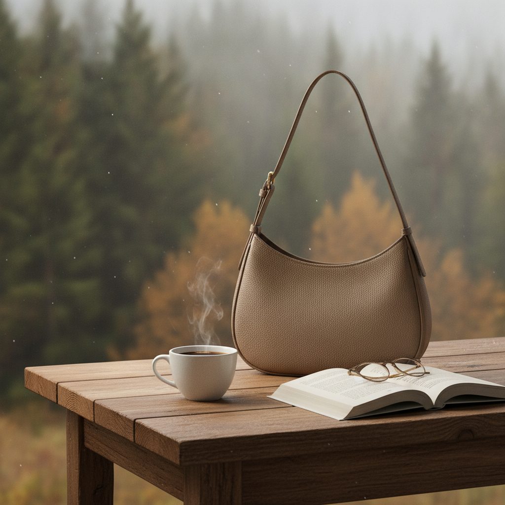 Taupe shoulder bag on a wooden table with coffee and a book, forest behind