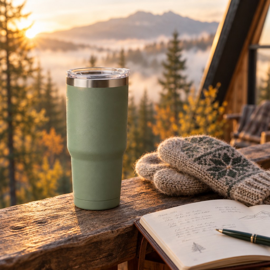 Sage green tumbler on a cabin railing in warm morning light, generated with GPT Image 2.5