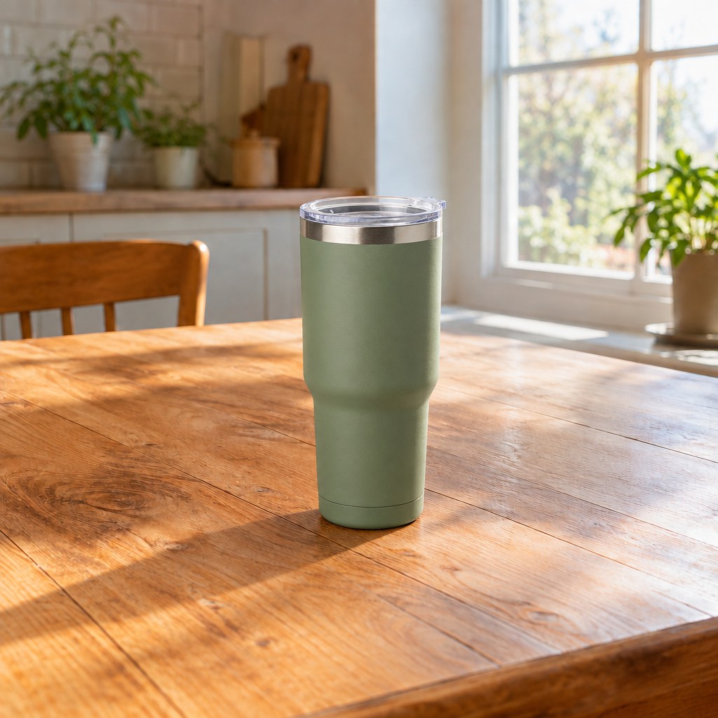 The same sage green tumbler placed on a sunlit kitchen table using a product and scene reference