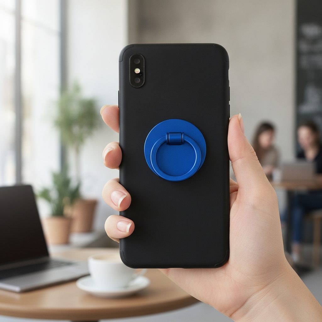 Cobalt phone ring grip on a phone held in a hand