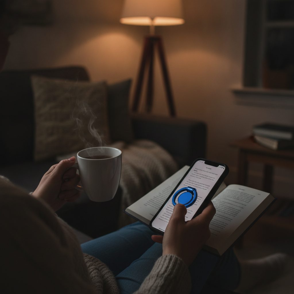 Cobalt phone ring grip on a phone held while reading at home