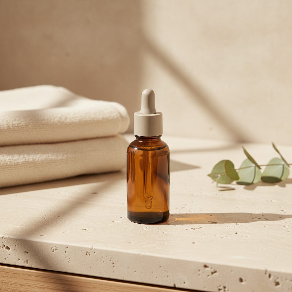 Amber serum bottle on a travertine bathroom counter with towels and eucalyptus