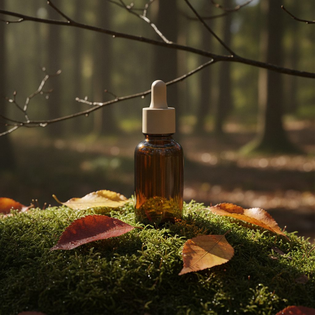 Amber serum bottle on moss with autumn leaves in a forest