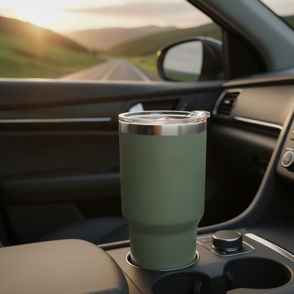 The same tumbler generated in a car cup holder at golden hour