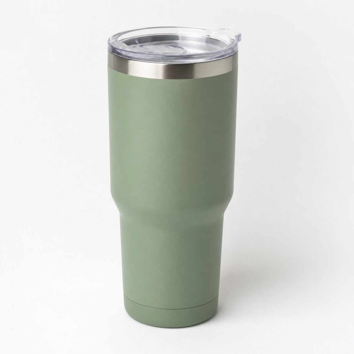 Plain photo of a sage green travel tumbler on a white background